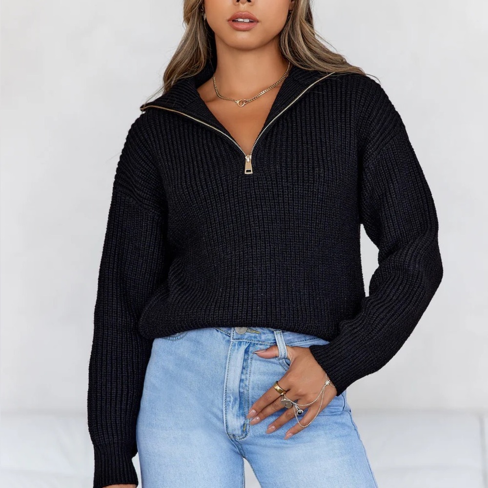 Hello Molly Black Half-Zip Ribbed Knit Sweater
